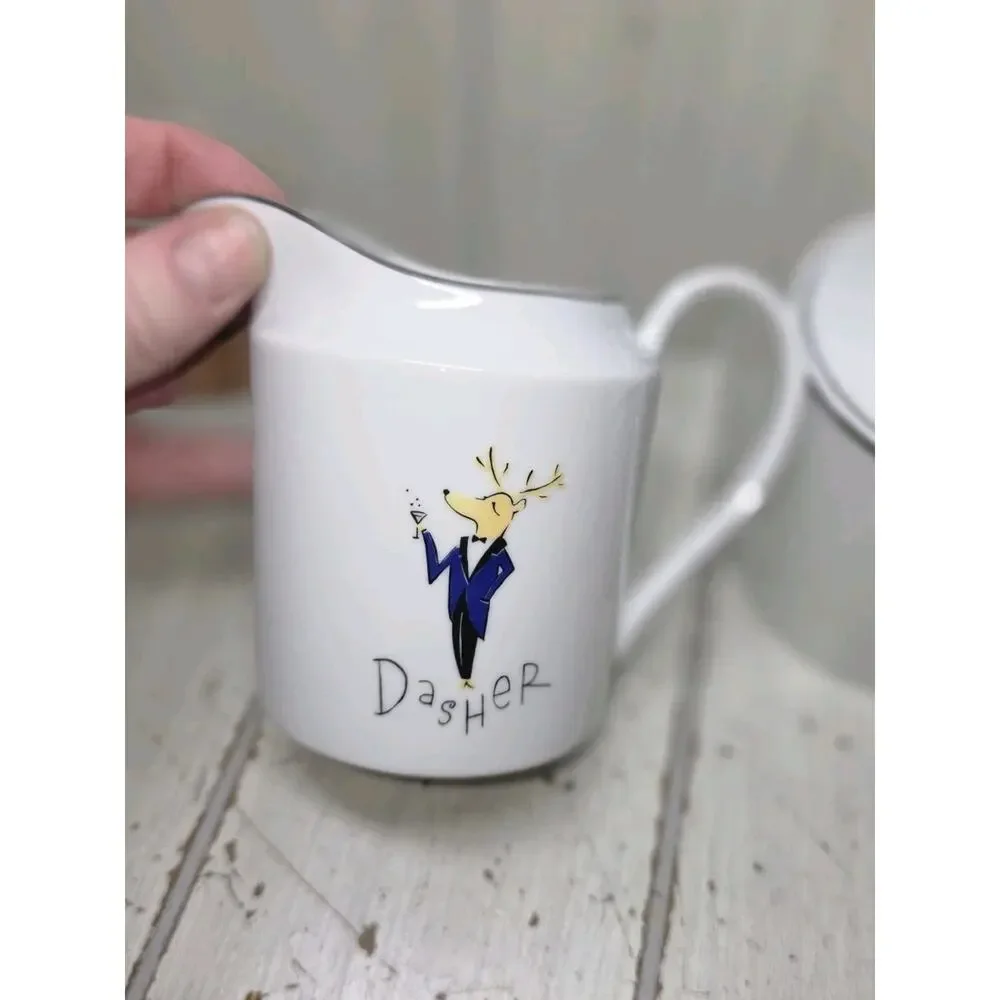 Vtg Pottery Barn Christmas Reindeer Dasher Vixen Creamer & Sugar Bowl Japan NIB